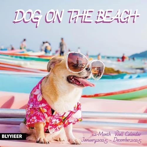 2025 Wall Calendar,Dogs on the beach Monthly Wall Calendar, 12 x 24 Open,Family Planner Calendar, Home & Office Organizer,Hangable, for funny Dogs lover