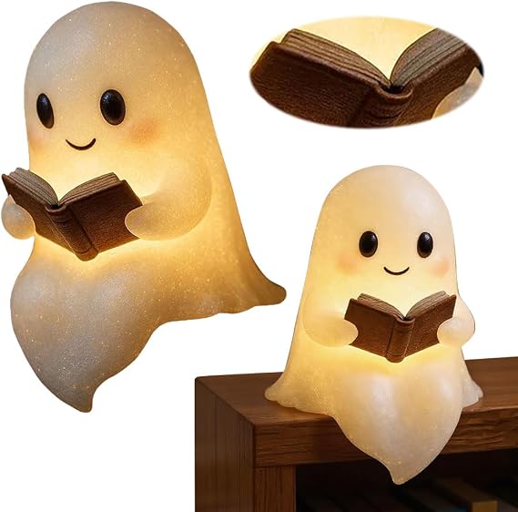 Cute Ghost Reading Book Lamp,Halloween Ghost Night Light,Ghost Reading Night Lights,3D LED Night Light,Halloween Home Decor for Bedroom Bookshelf Bedside,Gifts for Readers and Book Lover (15cm) [Energy Class A]