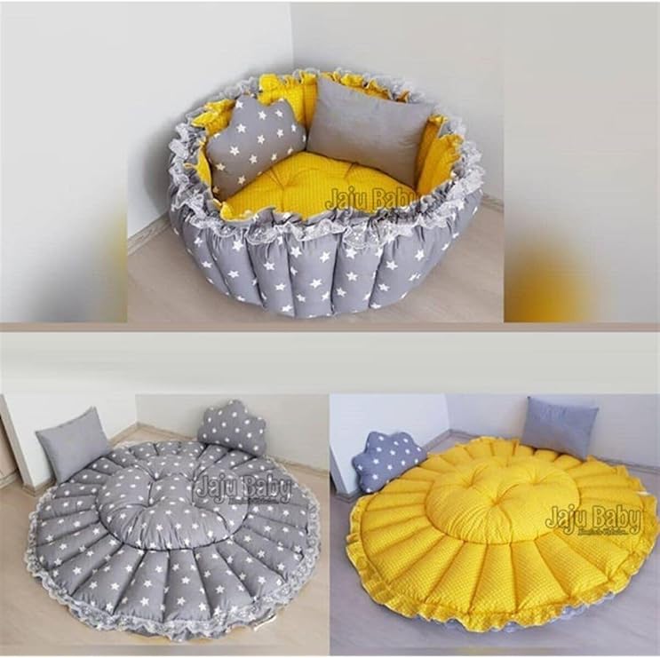 Gri Yıldız Sarı Tasarım Açılır Kapanır Oyun Minderi Bebek Yuvası Jaju-babynest Anne Yanı