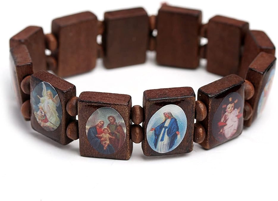 Fashion Wood Stretch Catholic Icon Bracelets Saint Jesus Cross Virgin Mary Religious Unisex Bracelet 3-color