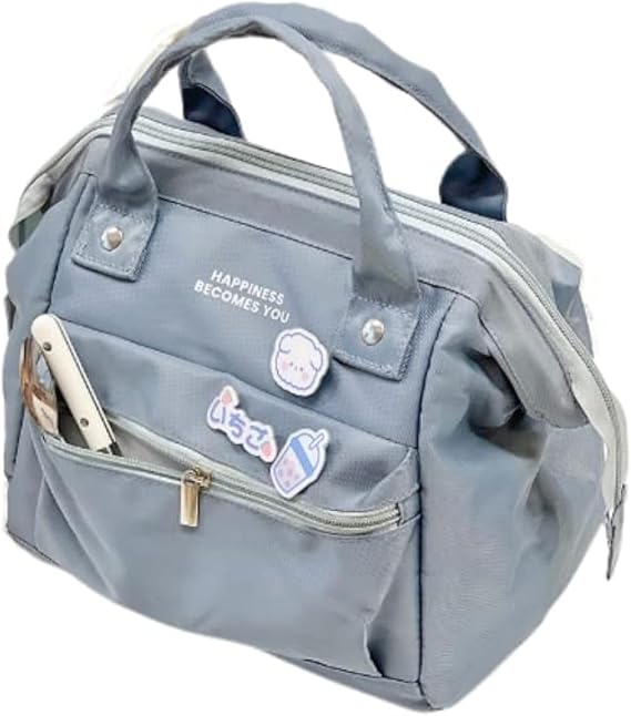 Kawaii Lunch Bag with Kawaii Pins Cute Aesthetic Lunch Bag for Women Girls Large Insulted Tote Bag Kawaii School Supplies (Blue,Small)