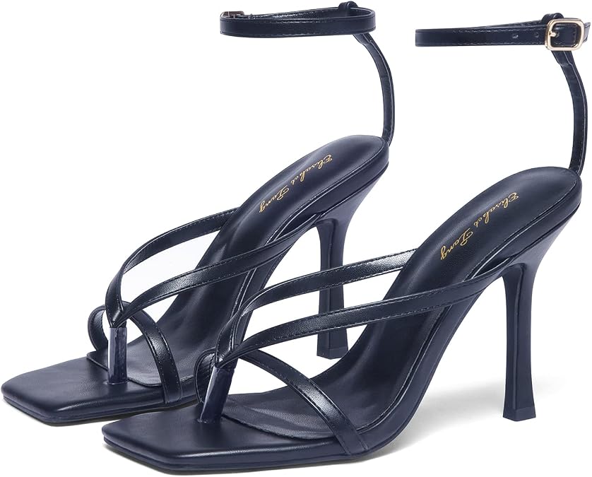 Elisabet Tang Womens Square Toe Heeled Sandals,4.3 inch Square Toe Thong Strappy Ankle Strap Stiletto Heel Sandals Wedding Dress Party Shoes