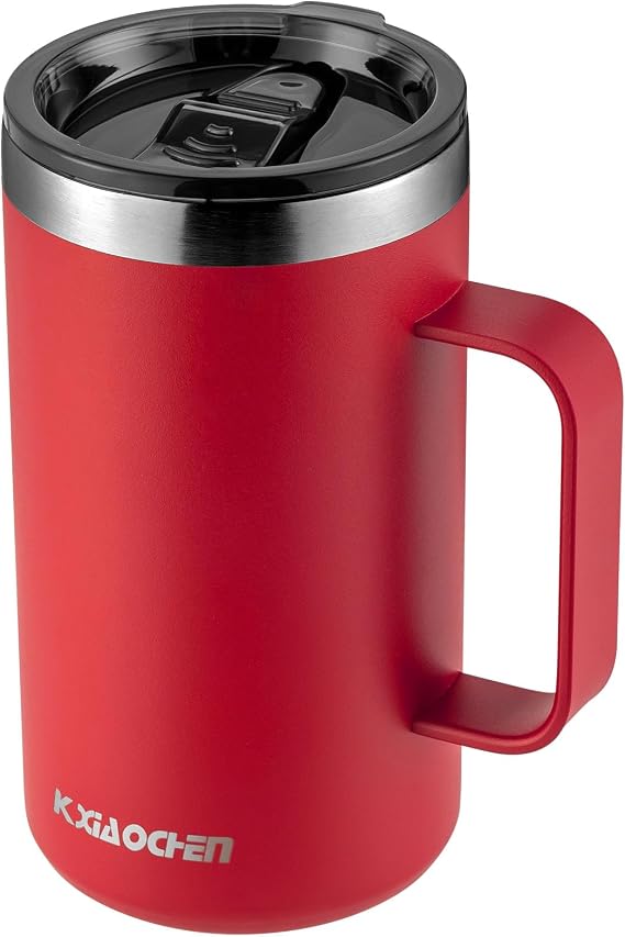 KXIAOCHEN 20oz Kapaklı Yalıtımlı Kahve Kupası, Paslanmaz Çelik Kahve Fincanı, Kulplu Çift Duvar Vakumlu Kahve Bardağı, Premium Termal Seyahat Kahve Kupası (Kırmızı)