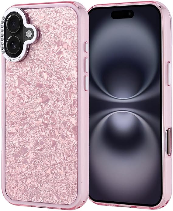 Elfia iPhone 16 Plus ile Uyumlu Taşlı Kamera Lens Korumalı Sert Silikon Kılıf, Kapi Pembe