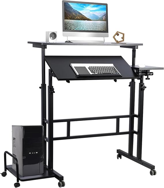 Mobile Standing Desk, Adjustable Portable Stand Up Desk, Rolling Desks Laptop Cart for Standing or Sitting, Small Computer Desks with 360 Degree Wheels and Detachable CPU Sideboard (Black)