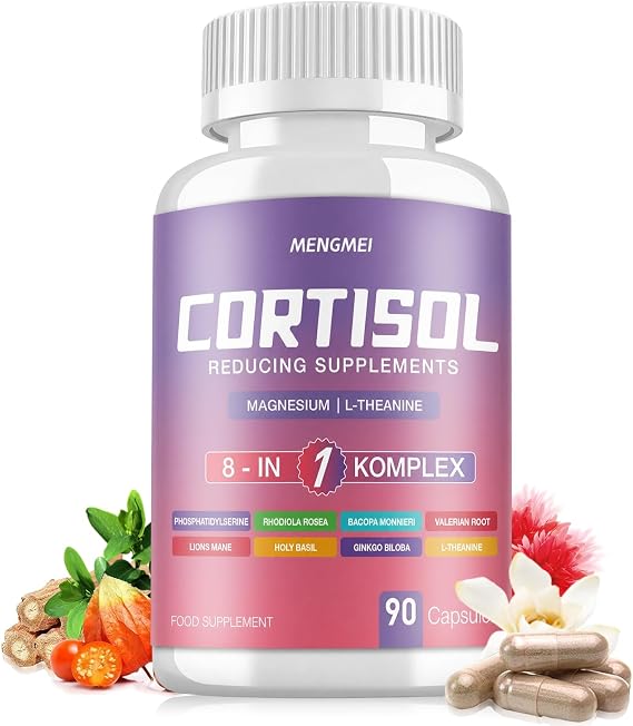 Cortisol Reducing Supplements for Stress & Mood Support, Ashwagandha 20:1, Magnesium, L-Theanine & Rhodiola Complex, Vitamins C D3 B6, Adaptogen Blend for Relaxation, Sleep & Focus, 90 Capsules