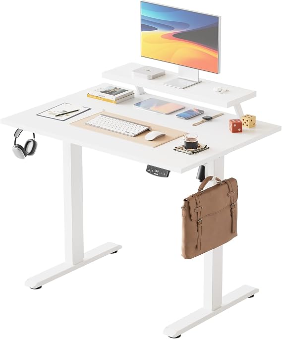 Agilestic Eletric Height Adjustable Desk, Movable Monitorstand, 100x60cm | 72-116cm Height, Standing desk with 2 Memory Buttons, Sit Stand Computer Desk for Home Office, 2 pcs Desktops, White