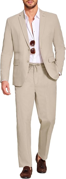 COOFANDY Men's 2 Piece Linen Suits Set Casual Lightweight Linen Suit Blazer Jacket and Pants