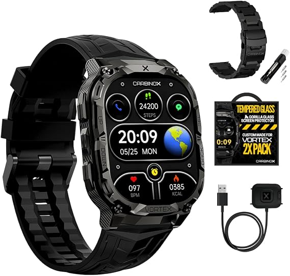 CARBINOX Vortex Smart Watch with Metal Band, Charger and Tempered Glass (2 Pack), Rugged Fitness Tracker IP69K Waterproof Compatible with Android and iOS Phone, 14 Days of Battery Military Durable