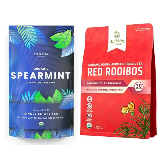 Cederberg Tea Company Organic Herbal Teas Spearmint 100 count & Red Rooibos 30 count Single-Estate Tea Bundle - 130 Tea Bags