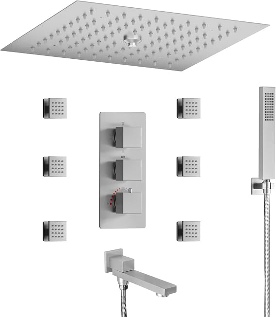 Multi-Function Thermostatic Shower System, RGB LED Ceiling Shower Jets System in Wall, 11.8" Full Body Rainfall Shower System with Tub Spout, 6 PCS Body Jet and Handheld Spray, Brushed Nickel