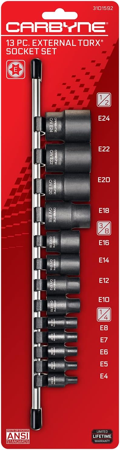 13-Piece External Torx (E-Torx) Socket Set, E4 to E24, CrV Steel, Manganese Phosphate Finish, 1/4 3/8 1/2 in. Drive, Laser Etched, Socket Rail Included
