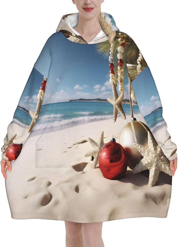 Christmas Beach/Wearable Blanket Hoodie For Women,Soft Warm Blanket Flannel Hooded Sweatshirt With Pocket