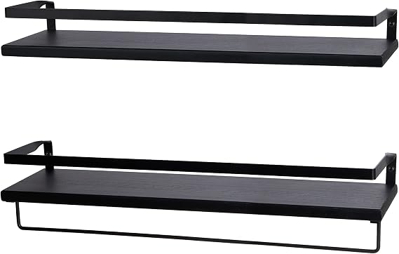 Peter's Goods Floating Wall Shelves with Rail, Large, Modern Black Set of 2 Shelves with Towel Rack Bar Contemporary Design Wall Mounted Wood Shelf for Bathroom, Living Room, Entryway, Game Room