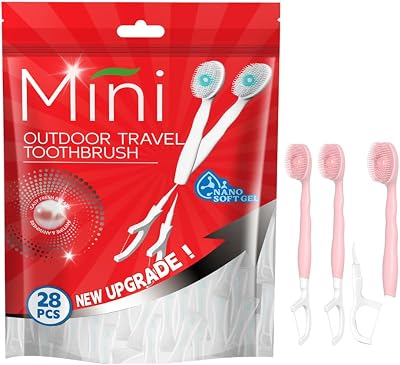 Mini Brushes-Disposable Toothbrushes with ToothpasteTongue ScraperToothpickFloss 5 in 1 Prepasted Toothbrush Individually Wrapped for Work or Travel 28 pcs Watermelon