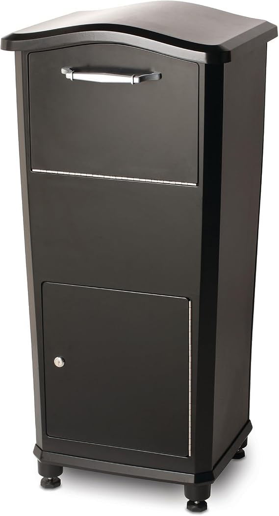 Architectural Mailboxes 6900B Elephantrunk Parcel Drop Box Black | Heavy duty aluminum locking parcel locker with pry-resistant 3-point lock and anti-theft hopper door. Porch package box.