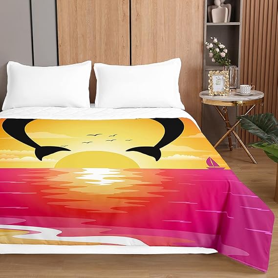 Highdi Reversible Bed Throws Quilted Bedspreads, 3D Dolphin Print Lightweight Patchwork Quilt Comforter Single Double,Cotton Throw Summer Quilt,Quilted Blanket for Seasons (Sun,100x150cm)