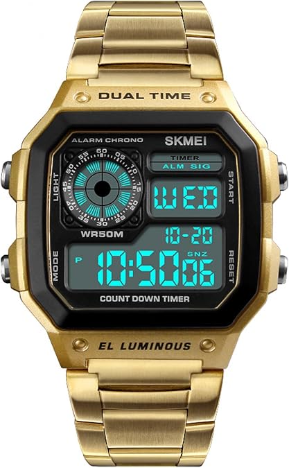 SKMEI Watches for Men,Military Digital Sports Square Gold Watch with Waterproof Dual Time Chronograph Countdown Alarm Backlight