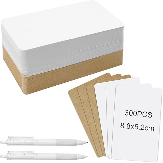 300 Pcs Blank Kraft Cards White & Brown Blank Business Cards with 2 Pcs Writing Pen, Message Word Gift Tags Memory Notes Flash Card for School Home Office Learning