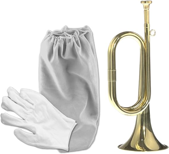 CashBeat Gold Plated Brass Bugle Horn, Cavalry Trumpet with Bag and Gloves