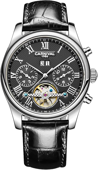MASTOP Men's Automatic Mechanical Watch Date Moon Phase 24-Hour Indication Calfskin Leather Transparent Watches