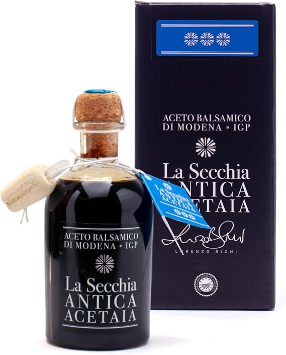 La Secchia - Balsamic Vinegar of Modena IGP "Three Stars", Aged in Twelve Small Cherrywood Barrels, Medium Density, 250 ml Bottle with Cork Dosing Cap, Italian Balsamico Modena
