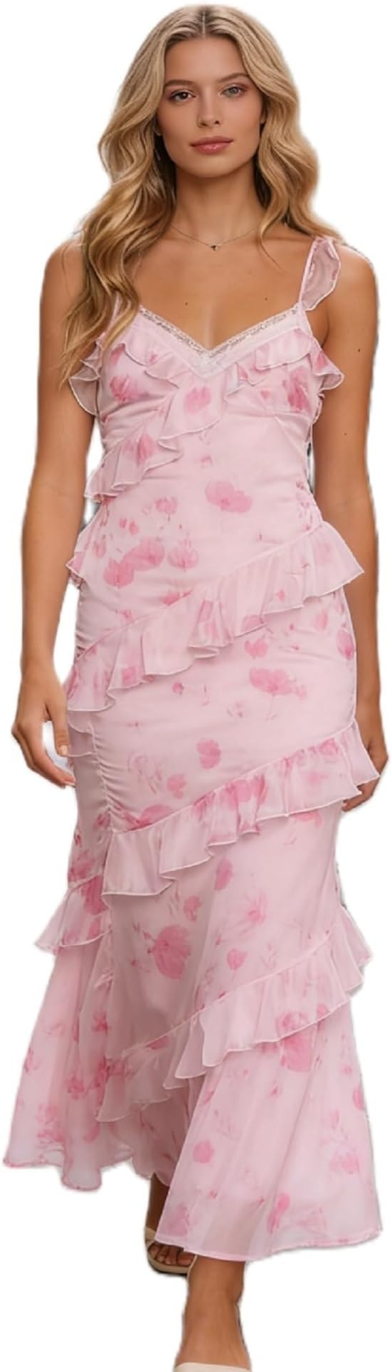 SOOKABEILA Women Y2k Boho Maxi Dress Floral Lace Sheer Tiered Flowy Cami Long Dress 2025 Summer Smocked Beach Sundress
