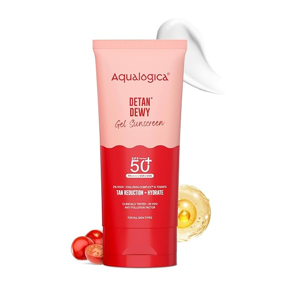 Aqualogica Detan+ Dewy Face Sunscreen with SPF 50& PA++++ | Blue Light Protection & No White Cast | Fights Sun Damage with Cherry Tomato & Hyaluronic Acid | 2.82 Oz/80g