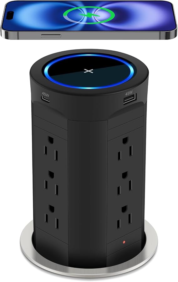 Pop Up Outlet for Countertop, PD45W 4USB/12 Outlets/Wireless Charger