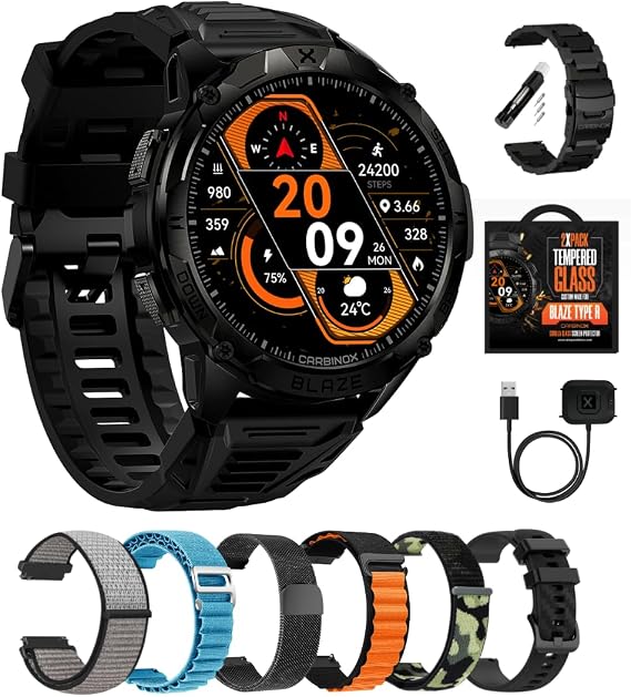 CARBINOX Blaze Smart Watch Ultimate Pack with GPS, Rugged Fitness Tracker Waterproof IP69K, Compatible with Android and iOS, 170+ Sports Modes, Make/Receive Calls (Round)