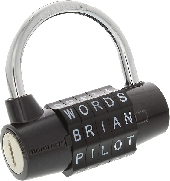 WordLock 63-millimeter Resettable Choose Your Own Word 5-dial Hardened Steel Shackle Combination Padlock - 100,000 Choices, Black | 128276