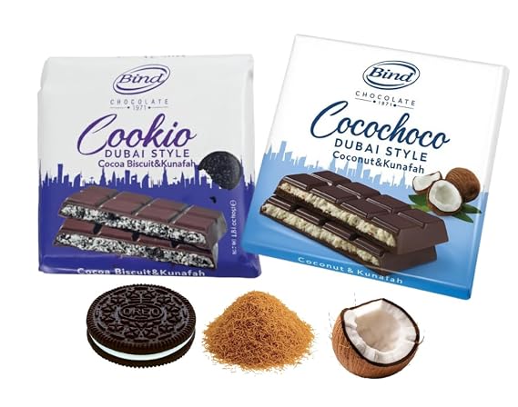 Cocochoco Dubai Style Kunafah Filled Chocolate Bars Variety 2-Pack (Coconut & Kunafah + Cocoa Biscuit & Kunafah) Premium Middle Eastern Dessert Chocolate Total 160 g (5.6 oz)