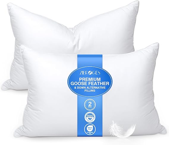 Feather Pillow Firm Size 2 Pack- Goose Down Hotel Bed Pillow for Sleeping, Soft 600 Thread Count Cotton Cover, Fluffy Support Surround Fill Polyester for Side, Stomach, Back Sleepers
