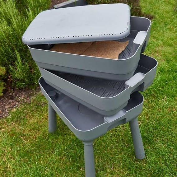 3-Tier Worm Composting Bin, 70 x 49 cm, Grey, Indoor/Outdoor Vermicomposter with Drainage Tap
