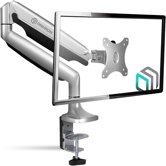 ONKRON Single Monitor Desk Mount for 13-32 Inch Screens up to 19.8 lbs, Gas Spring Monitor Arm for Desk with 75x75 / 100x100 VESA Mount - Full Motion Monitor Mount Arm Swivel Tilt & Rotation (Silver)