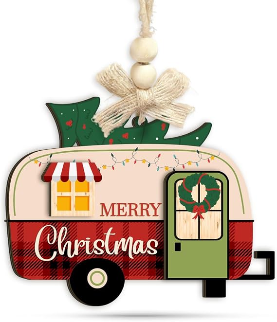 Happy Camper Christmas Ornament - Wooden Camping Ornament, Rustic Holiday Tree Decor for Campers, Travelers & Outdoor Lovers - Winter Vacation Gift for Friends, Couples, Families, Neighbors