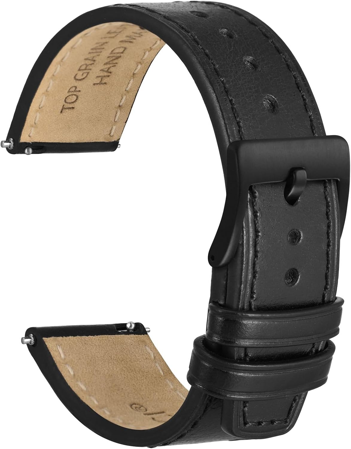 WOCCI 22mm Elite Watch Band, Top Grain Leather, Quick Release, Black Buckle Black