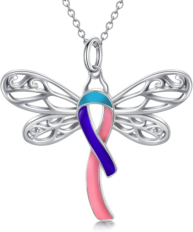 AOBOCO Cancer Awareness Necklace 925 Sterling Silver Ribbon Butterfly/Dragonfly Pendant Cancer Survivor Jewelry Gift for Women