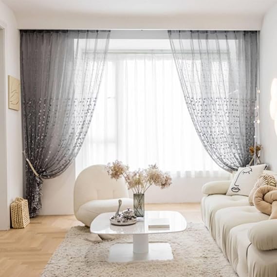 Grey Sheer Curtains, Winter Curtains 2 Panels with Leaf Vine Embroided Polyester 52W x 84L Inch