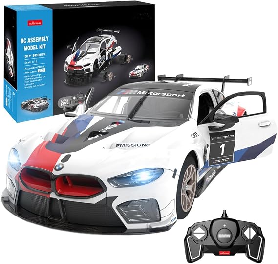 1/18 Scale RC Car Building Kit for BMW M8 GTE, Remote Control Car Building Block Set with 74 PCS, Openable Door, Headlight, Christmas Birthday Gift for Boys Kids Age 8-12, White