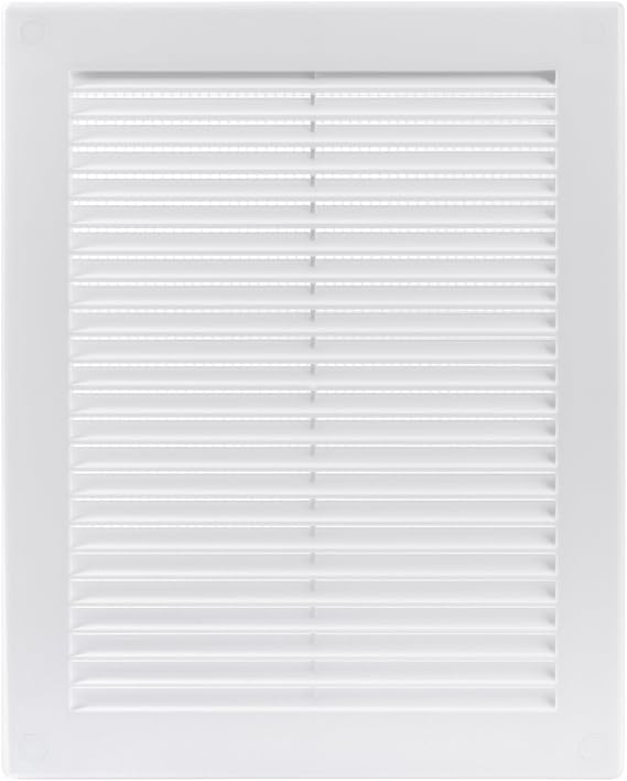 200 x 250 mm White Rectangular Vent Grille with Protective mesh. Lightweight Plastic Ventilation Register/Cover. Indoor and Outdoor Soffit Vent