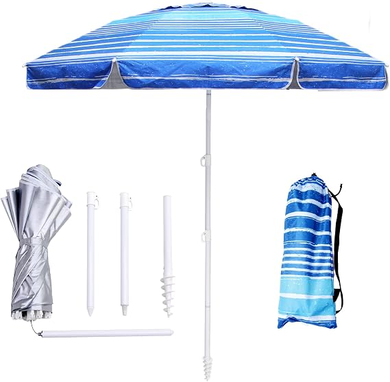 LOTTAFUN 6.5ft Beach Umbrella - Heavy Duty Wind Resistant UV 50+ Portable Sun Shade with Sand Anchor & Carry Bag, Outdoor Folding Umbrella for Beach, Pool, Patio, Garden (Blue Stripe)