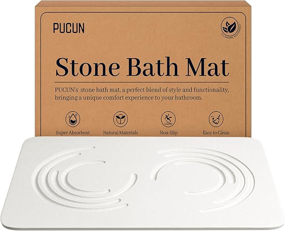 PUCUN Stone Bath Mat Diatomaceous Earth Shower Mat,Quick Drying Diatomite Bath Stone Mat for Bathroom Floor -Super Absorbent,Natural, Easy to Clean(White)
