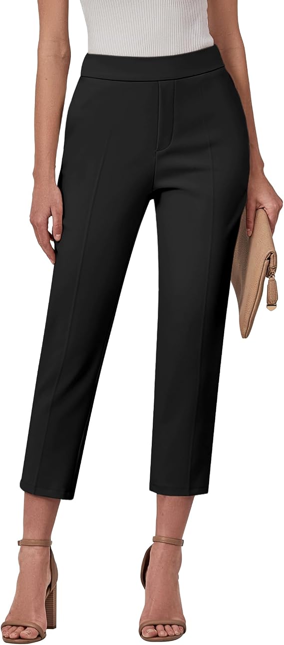 GRAPENT Capri Pants for Women High Waisted Pull On Dress Pants Slim Straight Leg Stretchy Waist Capris Trousers Pants