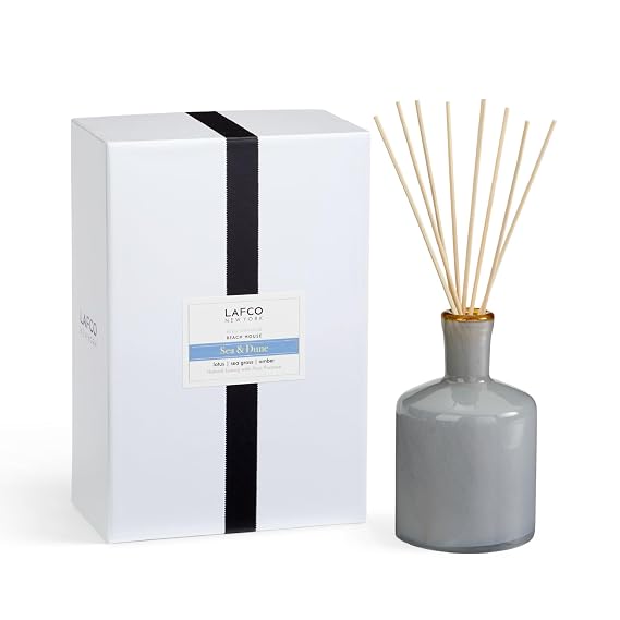 LAFCO New York Signature Reed Diffuser, Sea & Dune - 15 oz - Up to 9 Months Fragrance Life - Reusable, Hand Blown Glass Vessel - Natural Wood Reeds - Made in The USA