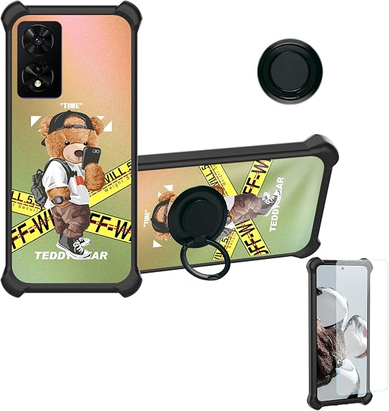OSNCG Case Compatible for TCL 505 Phone Case Cover [with Tempered Glass Screen Protector][Hard PC + Soft Silicone][Ring Support] [Golden Reflect Light] DJH-PZX