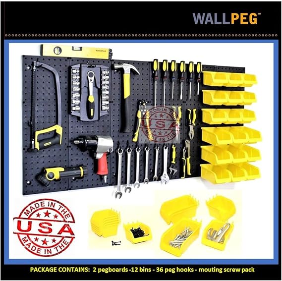 WallPeg Pegboard Kit Tool Organizer - Kit (PK-312-B) Peg Board Panels Locking Peg Hooks Set Workbench Organizer Tool Storage Pegboard Hooks (24" x 48" - 12 Bins) (Traditional)