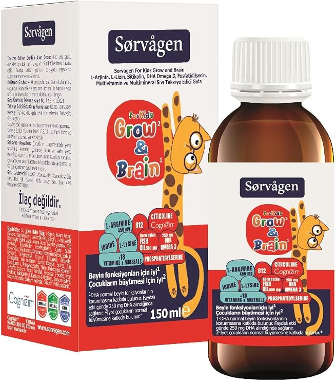 SORVAGEN Grow&Brain L-arjinin, Sitikolin, Fosfatidilserin, DHA Omega 3, B12, L- lizin, Multi Vitamin&Mineral Sıvı 150 ML
