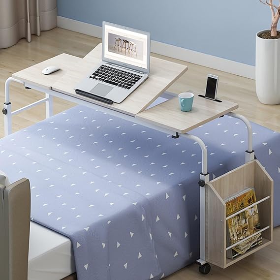 Stretchable Multi-Functional Desk Overbed Table, Cross-Bed Side Table with Wheels, Height Adjustable Laptop Trolley Desk Bed Working Table Bed Table, for Hospital Home Office Dormitory (Color