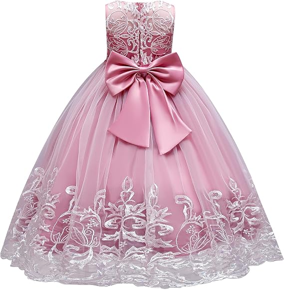 IDOPIP Flower Girl Lace Dress for Kids Wedding Pageant Party Long Maxi Gown